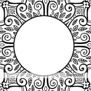 May include: Black and white mandala design with a circular frame in the centre. The frame is empty and ready for text or an image.