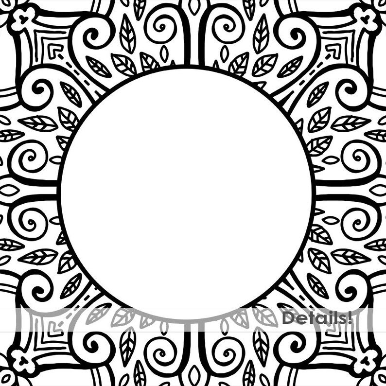May include: Black and white mandala design with a circular frame in the centre. The frame is empty and ready for text or an image.