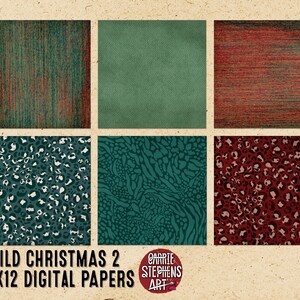 K&ouml;nnte beinhalten: Sechs digitale Papierdesigns in einer Collage. Die obere Reihe zeigt ein gr&uuml;nes und rotes strukturiertes Design, ein einfarbiges gr&uuml;nes Design und ein rotes und gr&uuml;nes strukturiertes Design. Die untere Reihe zeigt einen blaugr&uuml;nen und wei&szlig;en Leoparden-Druck, einen blaugr&uuml;nen und gr&uuml;nen Tierdruck und einen roten und rosafarbenen Leoparden-Druck. Der Text "WILD CHRISTMAS 2 12X12 DIGITAL PAPERS" befindet sich am unteren Rand der Collage.