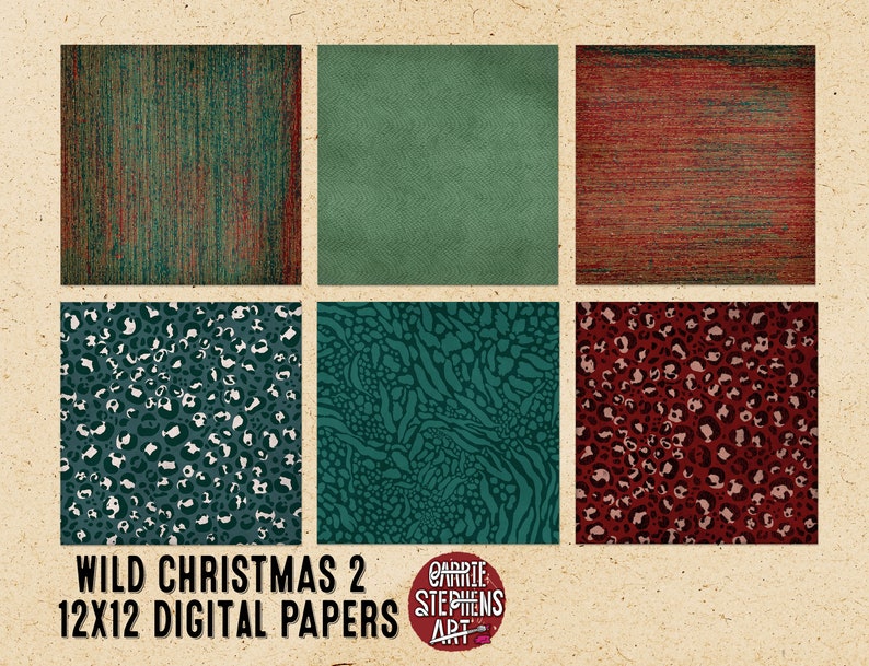 K&ouml;nnte beinhalten: Sechs digitale Papierdesigns in einer Collage. Die obere Reihe zeigt ein gr&uuml;nes und rotes strukturiertes Design, ein einfarbiges gr&uuml;nes Design und ein rotes und gr&uuml;nes strukturiertes Design. Die untere Reihe zeigt einen blaugr&uuml;nen und wei&szlig;en Leoparden-Druck, einen blaugr&uuml;nen und gr&uuml;nen Tierdruck und einen roten und rosafarbenen Leoparden-Druck. Der Text "WILD CHRISTMAS 2 12X12 DIGITAL PAPERS" befindet sich am unteren Rand der Collage.