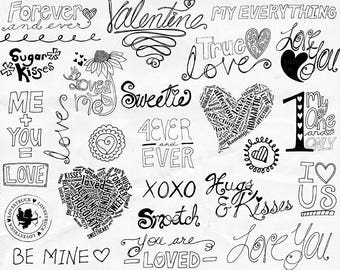 Valentijn Word Art, Valentijn Doodles, Liefdescitaten & Gezegden, Scrapbooking Titels voor Uitnodigingen, Photoshop Brush + PNG Line Art