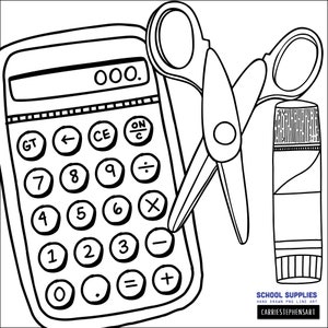 May include: Black and white line art illustration of school supplies including a calculator, scissors, and glue stick. The calculator has a display that reads "000."