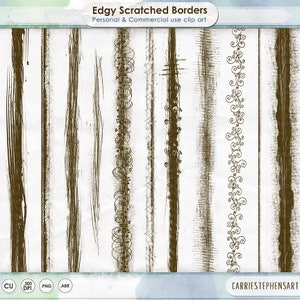 Puede incluir: Una colección de diseños de bordes marrones texturizados sobre un fondo blanco. Los bordes varían en estilo, incluyendo pinceladas, espirales y patrones lineales. El texto "Edgy Scratched Borders" y "Personal & Commercial use clip art" son visibles.
