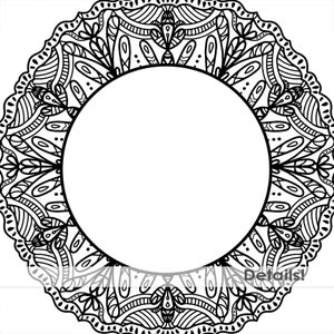 May include: Black and white mandala design with a circular frame in the centre. The mandala features intricate patterns and details.