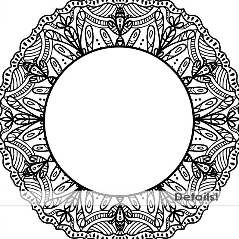 May include: Black and white mandala design with a circular frame in the centre. The mandala features intricate patterns and details.