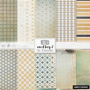 May include: Twelve digital papers with geometric patterns in shades of green, blue, brown, and beige. The papers are labeled "Retro Mod Boy 2" and "12x12 - JPG Digital Papers".