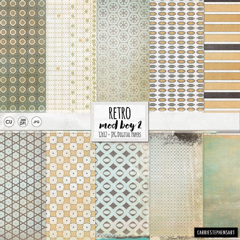 May include: Twelve digital papers with geometric patterns in shades of green, blue, brown, and beige. The papers are labeled "Retro Mod Boy 2" and "12x12 - JPG Digital Papers".