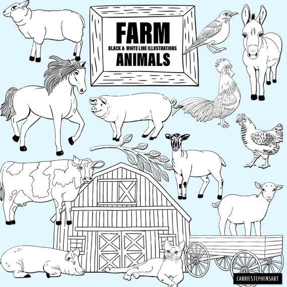 Farm Animal Line Art Images, Cute Animal ClipArt, Hand-Drawn Doodles Featuring a Barn, Rooster, Donkey, Cat, Goat, Horse, Chicken by CarrieStephensArt | Catch My Party Farm Animal Line Art Images, Cute Animal ClipArt, Hand-Drawn Doodles Featuring a Barn, Rooster, Donkey, Cat, Goat, Horse, Chicken by CarrieStephensArt | Catch My Party