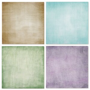 May include: Four square textured paper backgrounds in different colors: beige, light blue, green, and purple.