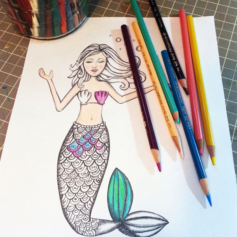 Mermaid Digital Stamp & Clip Art, Shaded Outline Line Art, Printable Instant Download, DIY Coloring Page, Card Making image 2
