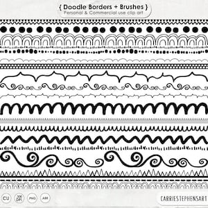 Op de afbeelding: Een set van 10 zwarte en witte doodle-randen en -kwasten. De randen zijn een verscheidenheid aan golvende, zigzag- en gestippelde patronen. De kwasten zijn eenvoudige lijnen en swirls.