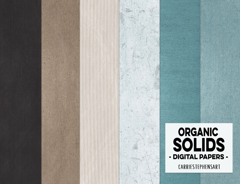 May include: A set of 8 digital paper textures in various colors, including black, brown, white, gray, and blue. The textures are organic and have a solid, textured look. The text "ORGANIC SOLIDS - DIGITAL PAPERS - CARRIESTEPHENSART" is at the bottom of the image.