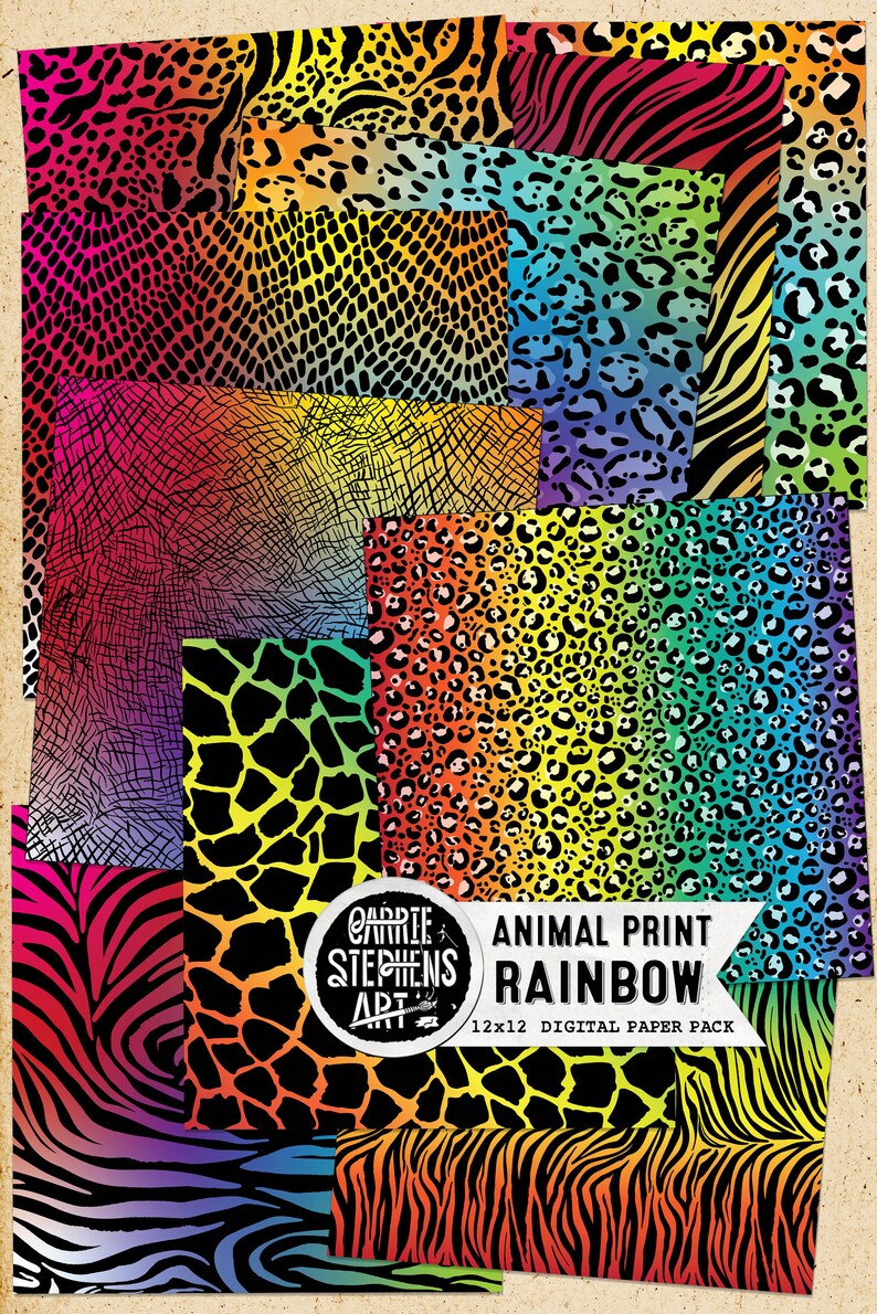 May include: A collection of rainbow-colored animal print digital papers. The patterns include zebra stripes, leopard spots, giraffe spots, and other animal textures. The papers are arranged in a collage, with a label that reads "Animal Print Rainbow 12x12 Digital Paper Pack."