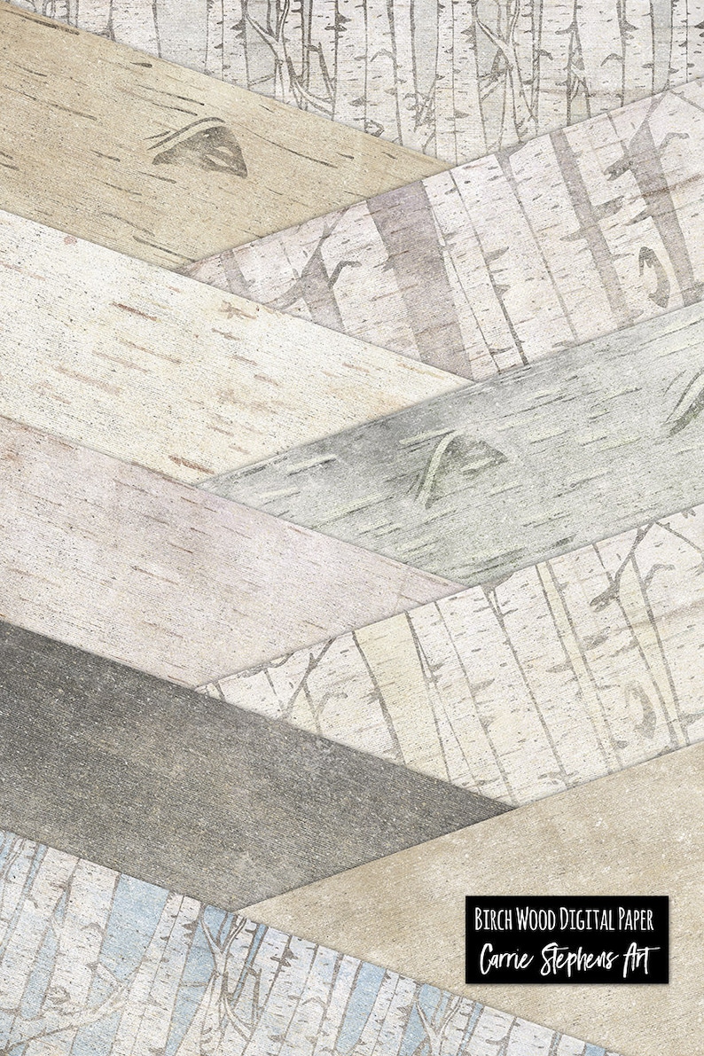 May include: Digital paper featuring a geometric pattern of wood planks in various shades of brown, grey, and white. The wood planks are arranged in a chevron pattern. The text "Birch Wood Digital Paper Carrie Stephens Art" is in the bottom right corner.