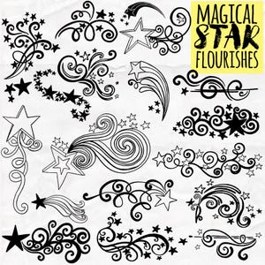 May include: A set of 16 black and white illustrations of stars and swirls. The illustrations are hand-drawn and have a whimsical, magical feel. The text "MAGICAL STAR FLOURISHES" is written in black on a yellow background.