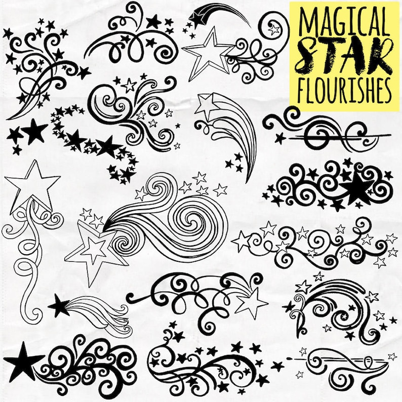 May include: A set of 16 black and white illustrations of stars and swirls. The illustrations are hand-drawn and have a whimsical, magical feel. The text "MAGICAL STAR FLOURISHES" is written in black on a yellow background.
