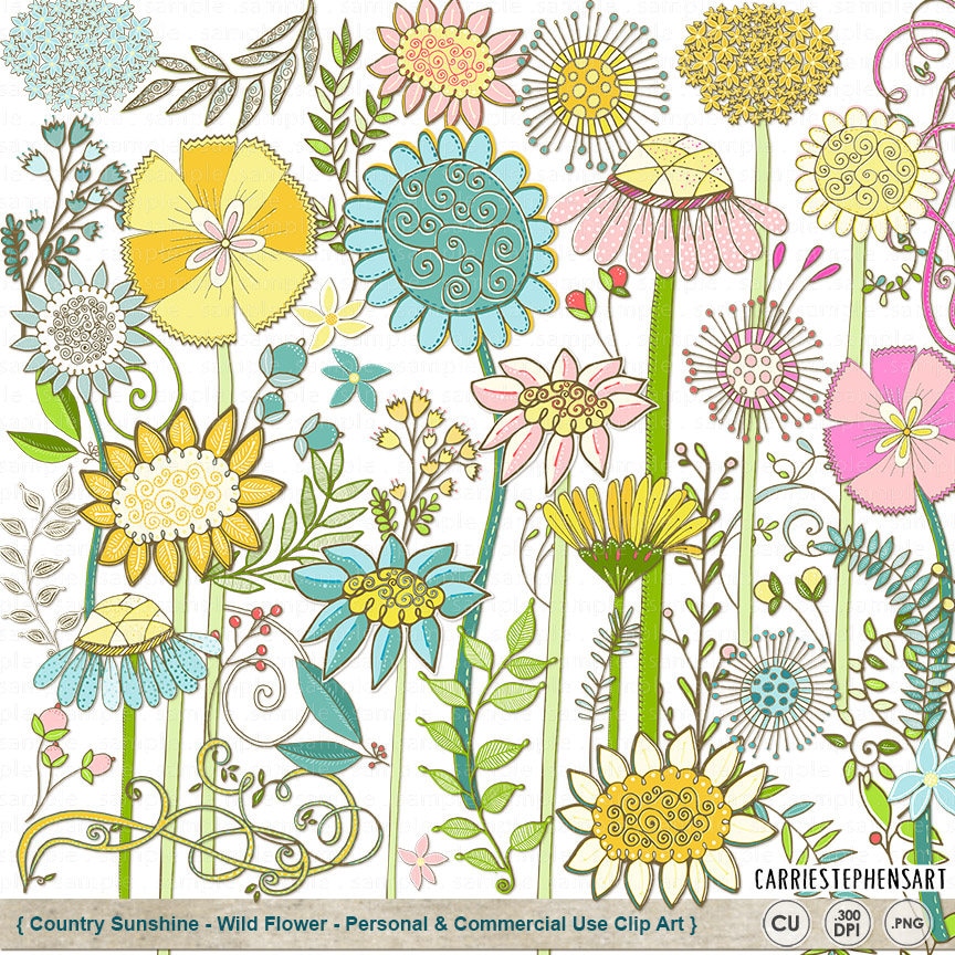 Boho Flower Clipart PNG Wild Flowers Clip Art Spring Floral | Etsy