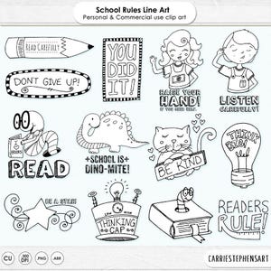 May include: A collection of black and white line art clip art with school-themed illustrations. Includes a pencil, a dinosaur, a cat, a lightbulb, and text that reads "Read Carefully," "Don't Give Up!," "You Did It!," "Read," "Be Kind," and "Readers Rule!"