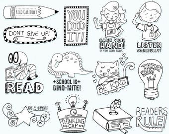 Teacher Digital Stamps,School Clip Art, PNG Outlines + Photoshop Brushes, Thinking Cap, Book Worm, Classroom Read