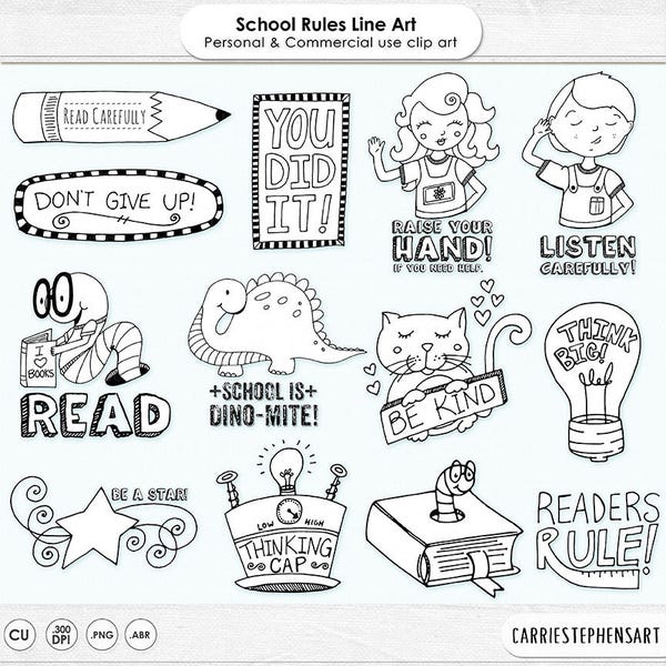 Teacher Digital Stamps,School Clip Art, PNG Outlines + Photoshop Brushes, Thinking Cap, Book Worm, Classroom Read