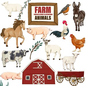 Peut inclure: Un ensemble d'illustrations de clipart peintes d'animaux de ferme, comprenant un cheval, un cochon, un mouton, un &acirc;ne, un coq, une poule et une vache. Les illustrations sont dans un style cartoon et sont sur un fond blanc. Le texte "FARM PAINTED CLIPART ILLUSTRATIONS ANIMALS" est affich&eacute; sur une pancarte en bois.