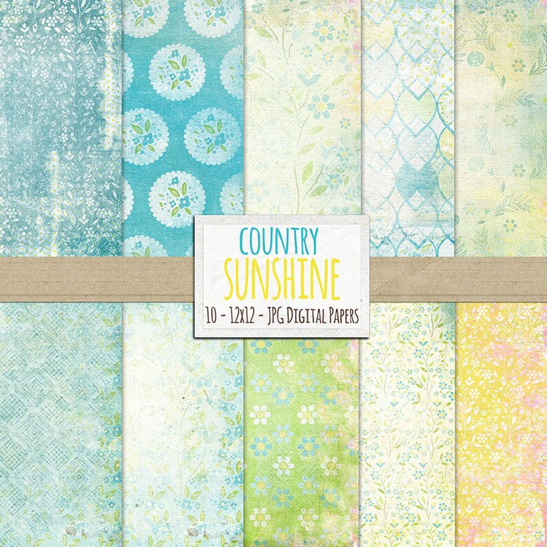 Op de afbeelding: Een set van 10 digitale papieren met verschillende bloemen- en geometrische patronen in tinten blauw, groen, geel en wit. De papieren zijn 30,5 x 30,5 cm groot en perfect voor scrapbooking, kaart maken en andere knutselprojecten. De tekst "COUNTRY SUNSHINE" staat op een wit label.