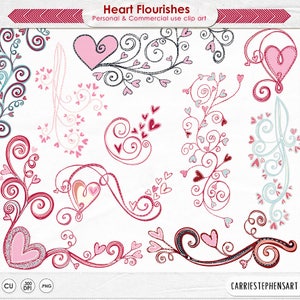 Herz Flourish Clip Art, Valentinstag Herz ClipArt, Hochzeit digitale Grafiken, Wirbel Design Ornamente, Rosa & Rote Herz Doodles, Liebe