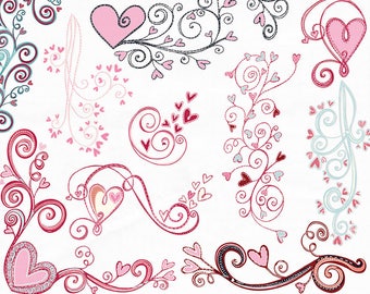 Heart Flourish Clip Art, Valentine Heart ClipArt, Wedding Digital Graphics, Swirl Design Ornaments, Pink & Red Heart Doodles, Love