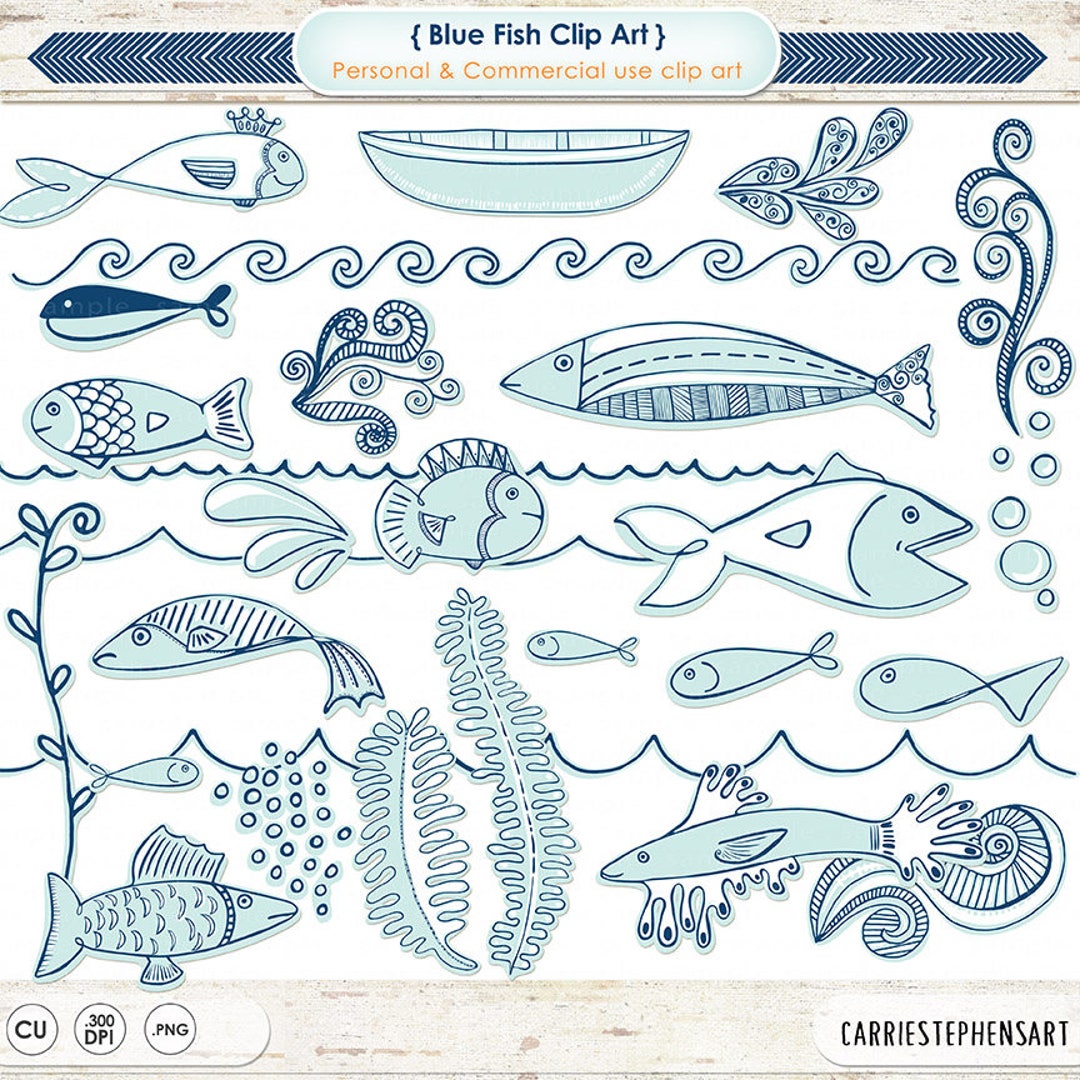 Blue Fish Clipart, Cute Blue and White Doodle Fish, Nautical Sea
