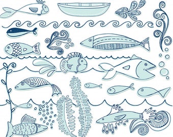 Blue Fish ClipArt, Cute Blue and White Doodle Fish, Nautical Sea Life, Ocean Aquarium Images, Under the Sea Graphics, Vacation Scrapbook