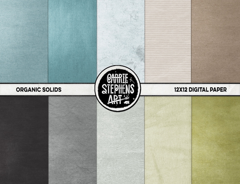 May include: A set of 12x12 inch digital paper featuring organic solid colors. The colors include a dark gray, light gray, light blue, white, beige, and a light green. The paper is perfect for scrapbooking, card making, and other paper crafts.
