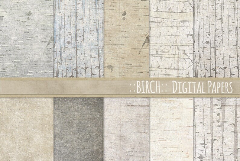 May include: A set of 10 digital papers featuring various textures of birch bark in shades of white, grey, and brown. The papers are perfect for crafting, scrapbooking, and digital design projects.