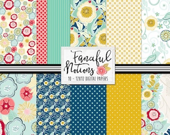 Bold Floral Pattern Digital Paper Set, Commercial Use Background Papers, Fanciful Notions Retro Kitchen, Dots & Flower Patterns