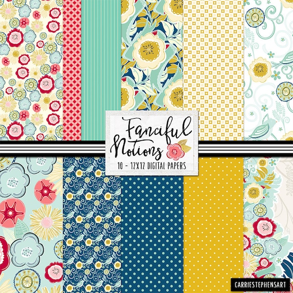 Bold Floral Pattern Digital Paper Set, Commercial Use Background Papers, Fanciful Notions Retro Kitchen, Dots & Flower Patterns