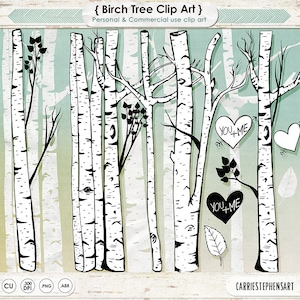 Birch Tree Clip Art, Winter Forest, Tree Branch ClipArt Outlines, Branch Silhouettes + Photoshop Brush, Natural Woodland Tree Images