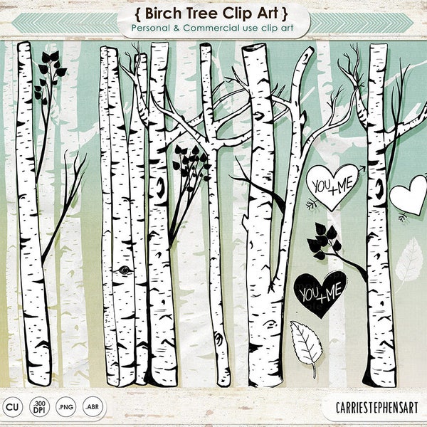 Birch Tree Clip Art, Winter Forest, Tree Branch ClipArt Outlines, Branch Silhouettes + Photoshop Brush, Natural Woodland Tree Images