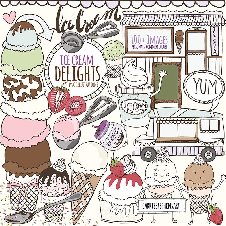 Kawaii Ice Cream Clipart Cute Summer Food Clip Art Sweet Etsy