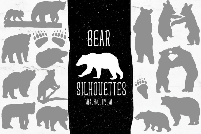 Op de afbeelding: Een verzameling zwarte en witte beren silhouetten in verschillende poses, waaronder staan, lopen en spelen. De silhouetten zijn tegen een witte achtergrond met de tekst "BEAR SILHOUETTES ABR. PNG. EPS. AI" in zwart.