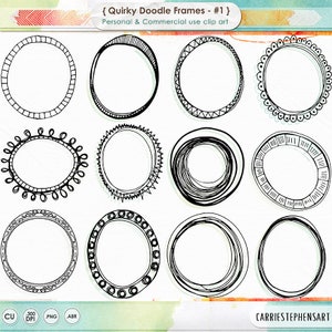 Pu&ograve; includere: Una collezione di dodici cornici doodle eccentriche in bianco e nero in varie forme e design. Le cornici sono circolari e ovali, con diversi motivi e trame. Il testo in alto recita "{ Quirky Doodle Frames - #1 } Personal & Commercial use clip art."