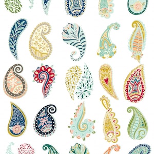 May include: A collection of colorful paisley designs in various shapes and sizes. Each paisley features intricate patterns and details, with a palette of blues, greens, yellows, and reds. The designs are set against a white background.