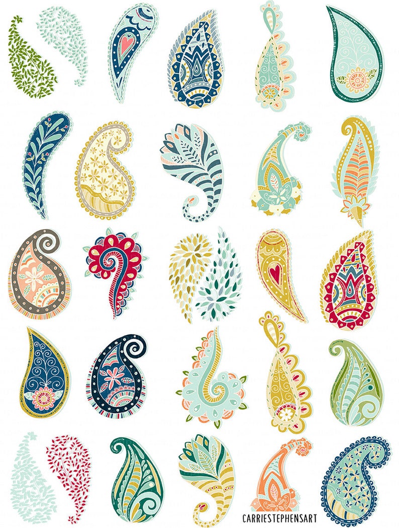 May include: A collection of colorful paisley designs in various shapes and sizes. Each paisley features intricate patterns and details, with a palette of blues, greens, yellows, and reds. The designs are set against a white background.
