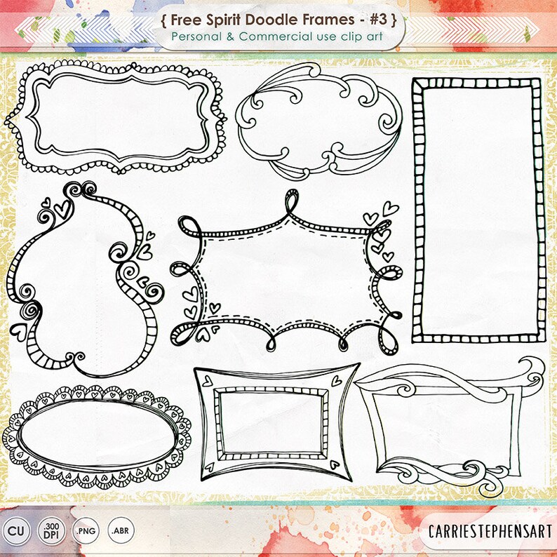 Pu&ograve; includere: Raccolta di cornici doodle in bianco e nero in varie forme, tra cui rettangoli, ovali e forme irregolari. Alcune cornici presentano elementi decorativi come cuori, spirali e bordi smerlati. Il testo "Free Spirit Doodle Frames - #3" &egrave; visibile.