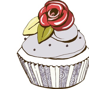 May include: A purple cupcake with a white swirl on top, decorated with a red rose and green leaves.