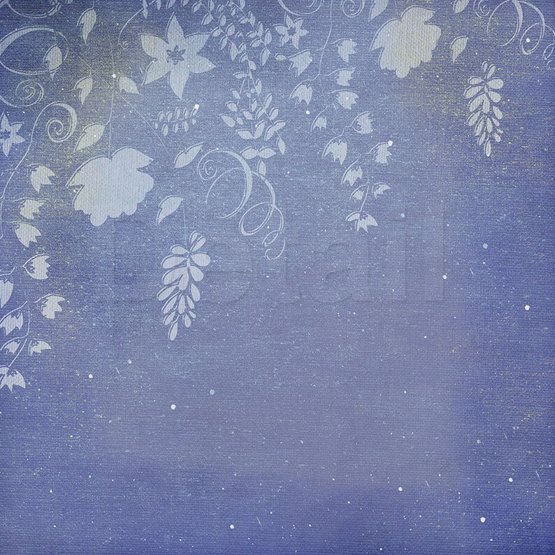 May include: A blue background with a white floral pattern. The pattern is made up of leaves, flowers, and vines. The background has a textured look.
