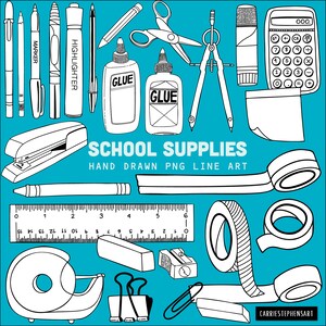 May include: Black and white line art illustration of various school supplies, including a ruler, scissors, glue, tape, a pencil, a stapler, a highlighter, a marker, a compass, a sharpener, a calculator, and a pencil case. The text "SCHOOL SUPPLIES" and "HAND DRAWN PNG LINE ART" is included in the image.