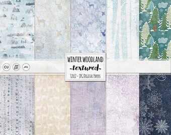 Winter Digital Paper, Winter Woodland Wonderland, Christmas Digital Scrapbook, Mountains, Deers, Snowflake Background Paper, JPG Download