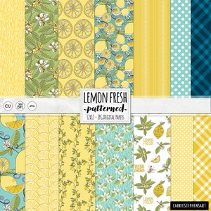 Lemon Digital Paper, Blue Gingham, Polkadot Yellow Patterned Backgrounds, Summer Picnic, Citrus Digital Scrapbooking Paper, Instant Download