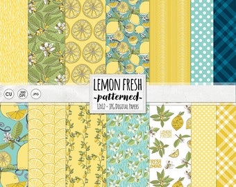 Lemon Digital Paper, Blue Gingham, Polkadot Yellow Patterned Backgrounds, Summer Picnic, Citrus Digital Scrapbooking Paper, Instant Download