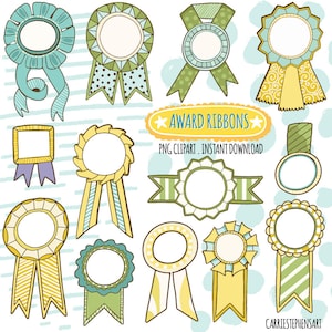 Grafica clipart con nastro, etichetta del vincitore gialla e verde, modello premio per insegnante di classe, adesivi fai-da-te stampabili con download istantaneo