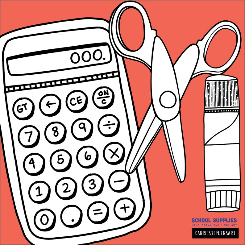 May include: Black and white line art illustration of school supplies, including a calculator, scissors, and a glue stick. The calculator has a display that reads "000."